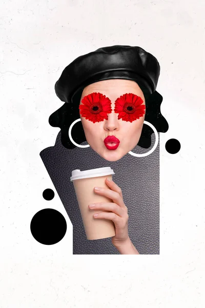 Photo cartoon comics sketch picture of lady pouted plump lips blowers instead eyes drinking coffee isolated drawing background.