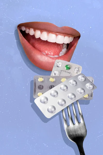 Creative Abstract Template Graphics Image Lady Mouth Pricking Fork Tablets — Stock Photo, Image