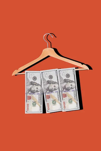 Collage Photo Wardrobe Hanger Hold Much Money Dollars Banknote Wear — Fotografia de Stock