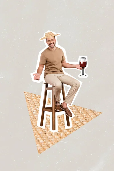 Vertical Collage Cheerful Positive Guy Wear Straw Hat Sitting Chair — Zdjęcie stockowe