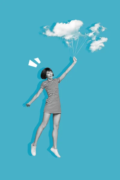 Collage Photo Young Childish Cute Lady Fly Air Jump Clouds — Stock fotografie