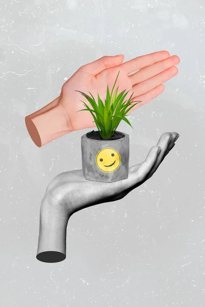 Collage Photo Little Miniature Vase Sticker Yellow Smiling Face Hold — Stockfoto