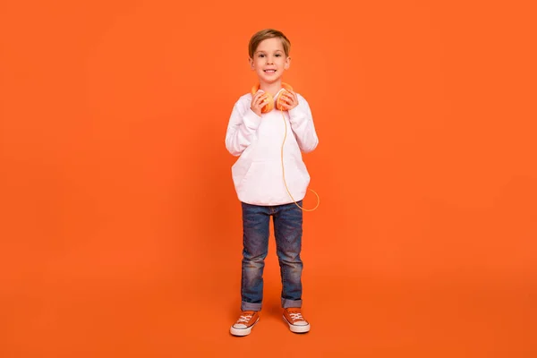 Full Body Photo Hipster Boy Wearing Headset Enjoying Stereo Sound — Photo