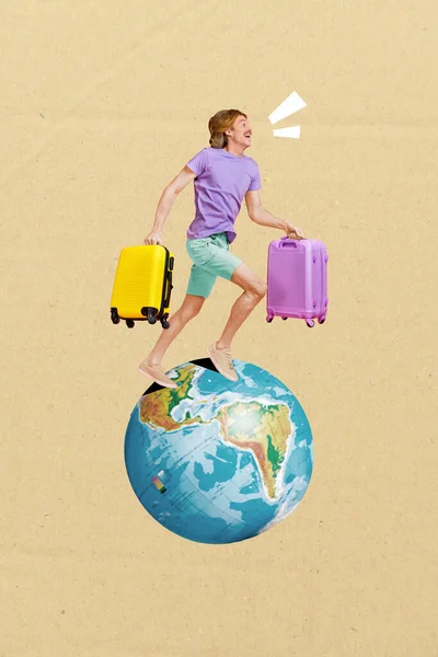 Creative Photo Artwork Graphics Painting Happy Smiling Guy Holding Suitcases — Stock fotografie