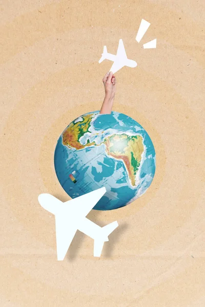 Collage Photo Flying Aircraft Paper Plane Destination World Earth Travel — Stock fotografie