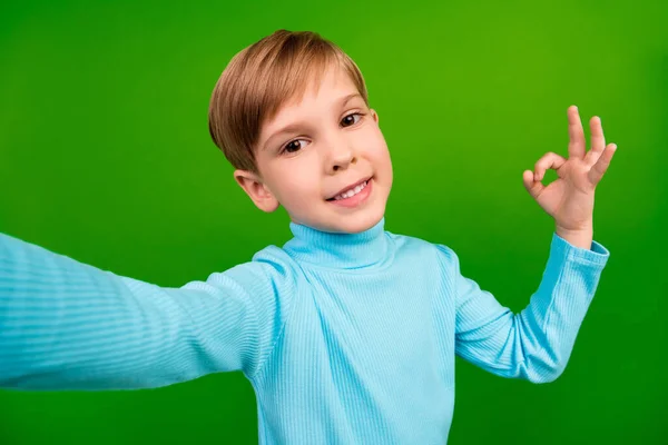 Photo Cheerful Sweet Little Grandson Dressed Teal Turtleneck Recoding Self — Foto Stock