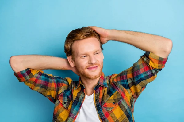 Closeup Photo Young Guy Wear Checkered Shirt Self Touching Hair — Stockfoto