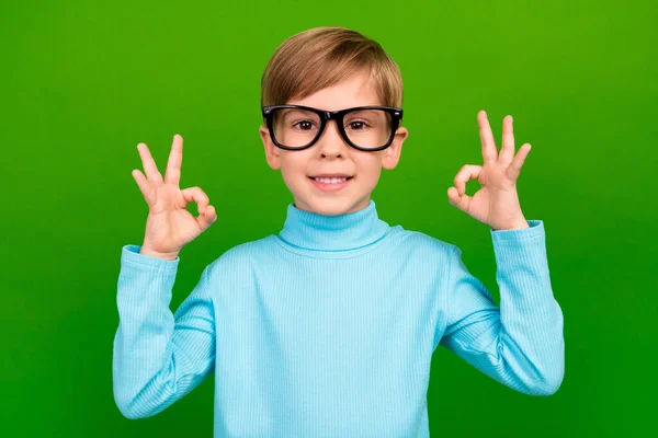 Photo Positive Pretty Small Son Wear Turquoise Turtleneck Spectacles Showing — Stockfoto