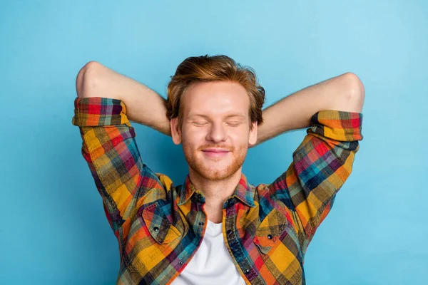 Closeup Photo Dreaming Young Guy Wear Checkered Shirt Getting Salary — Stockfoto