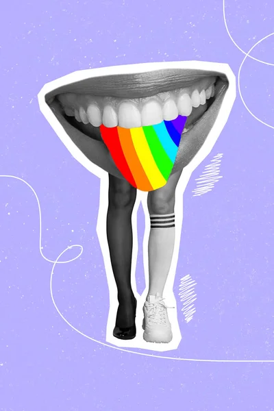 Creative Photo Artwork Graphics Painting Big Mouth Colorful Tongue Walking — Stockfoto