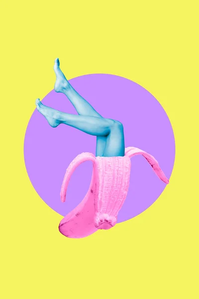 Zine Template Collage Freak Human Female Legs Peeling Fruity Banana — Stock Photo, Image