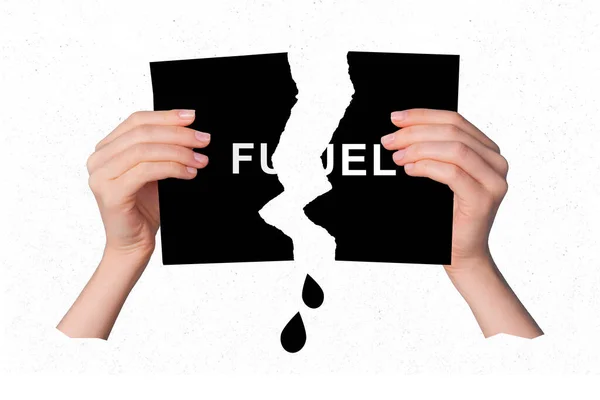 Composite Collage Picture Human Hands Hold Break Fuel Banner Isolated — Stockfoto