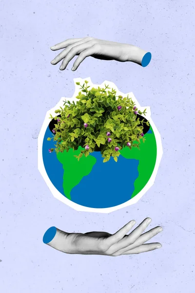 Safe people earth concept collage of two hands helping forest ecosystem isolated purple color background.