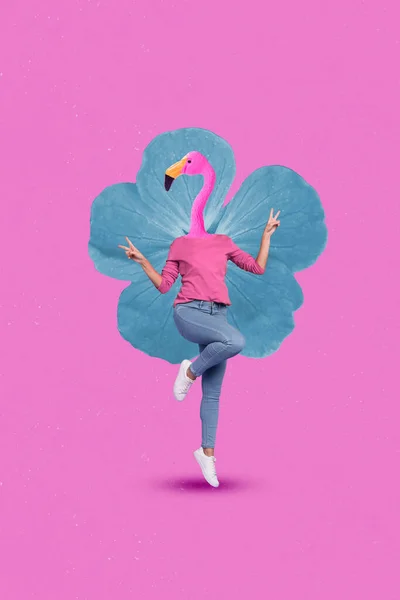 Vertical Composite Picture Girl Pink Flamingo Head Jumping Show Sign — 图库照片