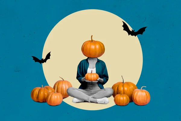 Trend Template Collage Jack Lantern Pumpkin Head Hold Many Vegetables — Stok fotoğraf