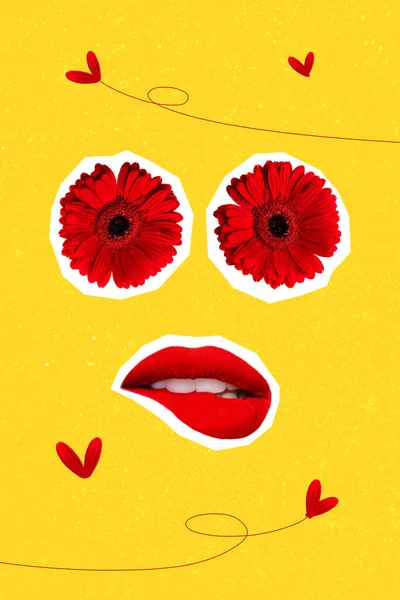 Surreal poster collage of weird floral face have red flowers eyes red lips stick mouth isolated yellow color background.