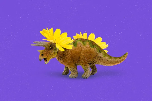 Banner collage of dinosaur go with flowers isolated on painting blue color background.
