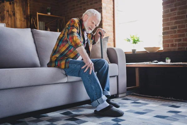 Photo Upset Sad Retired Man Dressed Plaid Shirt Having Leg — Photo