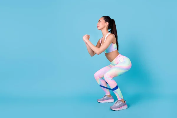 Full Body Photo Attractive Japanese Lady Sit Ups Resistance Band — Foto Stock