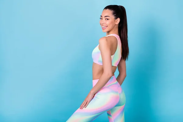 Photo Positive Aerobics Trainer Looking Smiling Wear Rainbow Print Sport — Zdjęcie stockowe