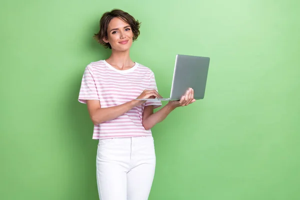 Portrait Photo Young Pretty Attractive Positive Good Girl Hold Laptop — Fotografia de Stock