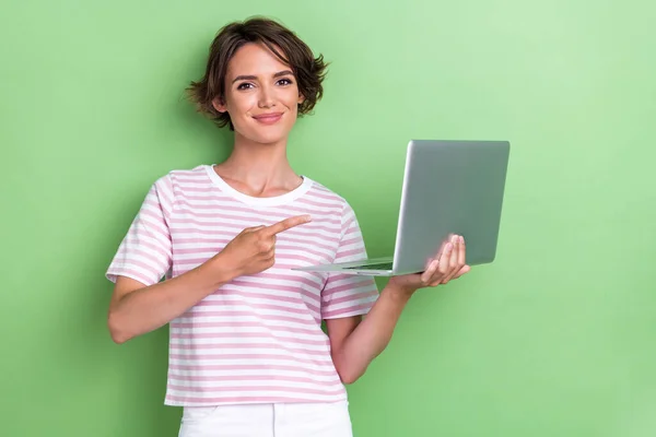 Portrait Photo Young Gorgeous Pretty Adorable Nice Woman Hold Computer — Foto Stock