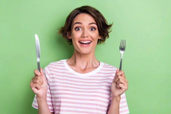 Photo Cheerful Pretty Lady Arm Hold Silver Knife Fork Waiting —  Fotos de Stock