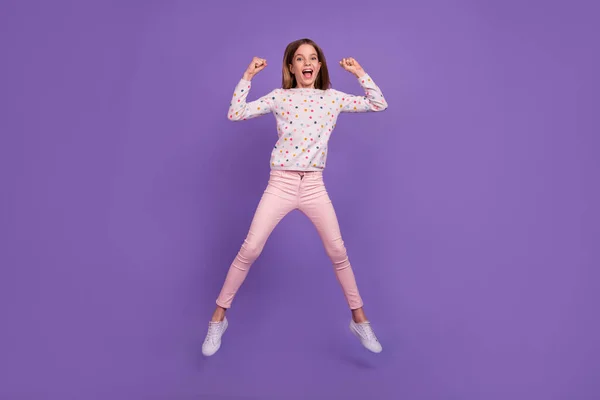 Full Size Photo Delighted Overjoyed Girl Jump Raise Fists Celebrate — Foto de Stock