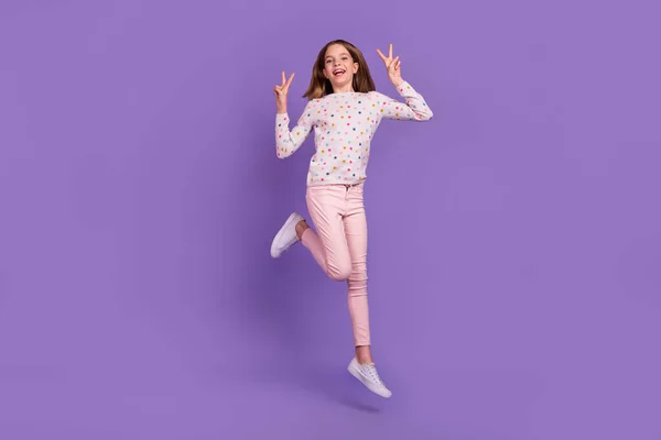 Full Body Portrait Excited Active Pupil Jump Arms Fingers Demonstrate — Zdjęcie stockowe