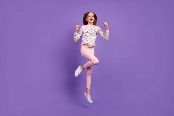 Full Body Photo Excited Crazy Girl Raise Fists Jump Success —  Fotos de Stock