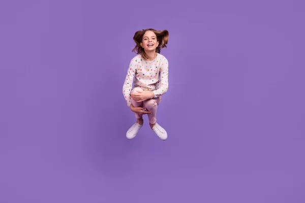 Full Size Portrait Overjoyed Energetic Pupil Hands Hold Legs Jump — Stockfoto