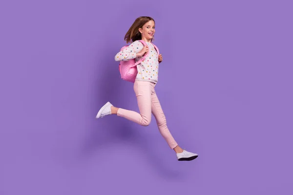 Full Body Portrait Active Energetic Schoolgirl Jump Run Have Good — Fotografia de Stock