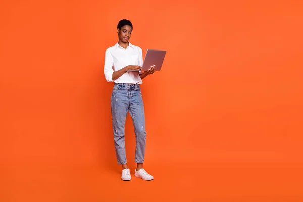 Photo Focused Expression Smart Intelligent Businessman Working Netbook Isolated Orange — Stock fotografie