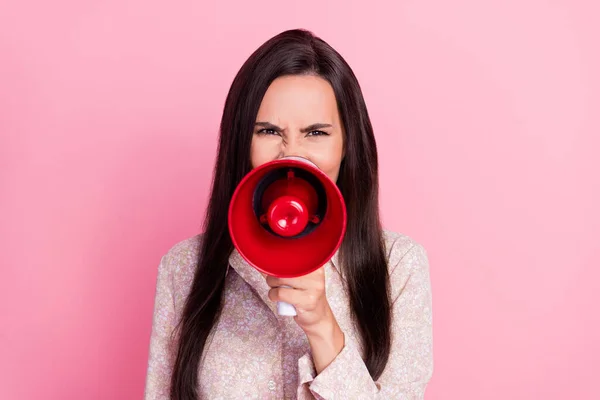 Closeup Photo Young Funny Agressive Woman Hold Loudspeaker Talk Hate — Fotografia de Stock