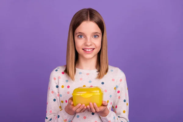 Photo Adorable Cute Pupil Hands Hold Lunch Box Container Isolated — Stockfoto