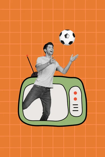 Photo artwork minimal picture of happy smiling guy playing football instead tv set isolated drawing background.