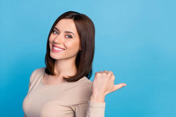 Portrait Adorable Cheerful Lady Beaming Smile Direct Finger Empty Space — Foto Stock