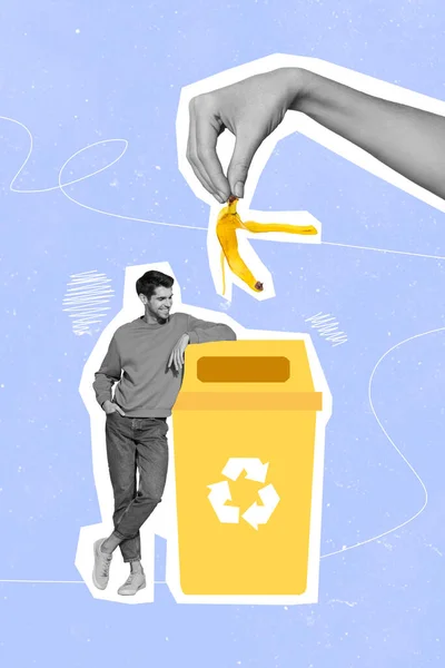 Poster Collage Environmental Responsible Guy Advertise Throwing Trash Bin Isolated — Stockfoto