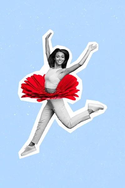 Коллаж Фанки Смешная Женщина Прыгает Вверх Красном Платье Гербера Цветок — стоковое фото