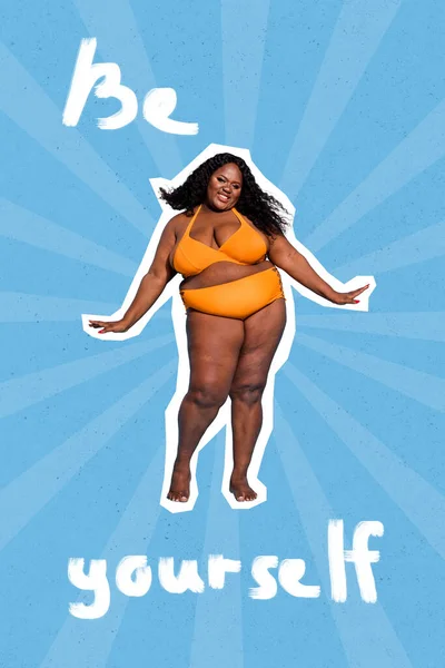 Vertical Collage Portrait Cheerful Overweight Girl Wear Bikini Yourself Text —  Fotos de Stock