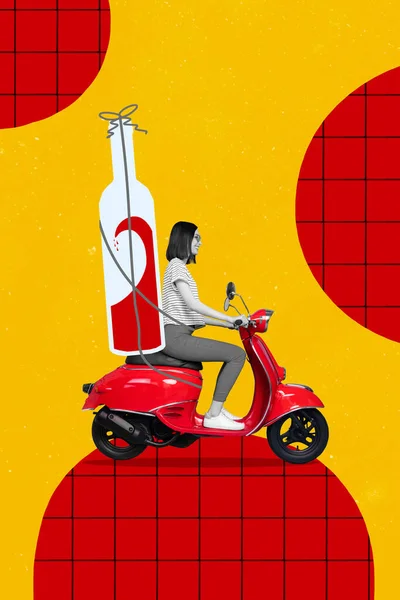 Vertical Collage Picture Girl Driving Scooter Deliver Huge Wine Bottle — Stockfoto