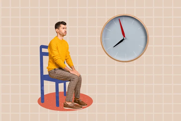 Composite Collage Picture Guy Sit Chair Look Wall Watch Waiting — Stock fotografie