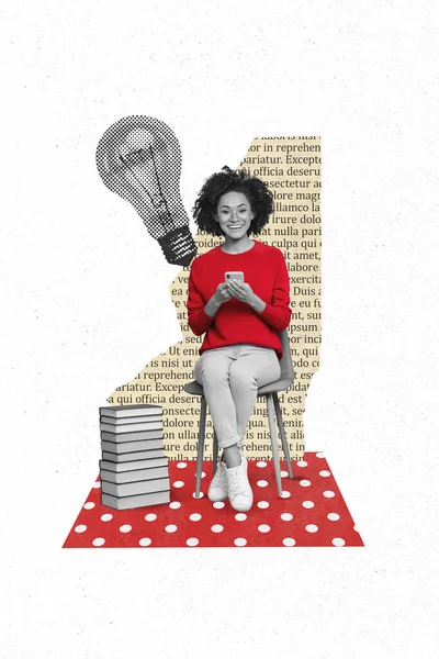 Vertical collage image of smart positive girl black white effect sit chair hold telephone big light bulb piece book page text.
