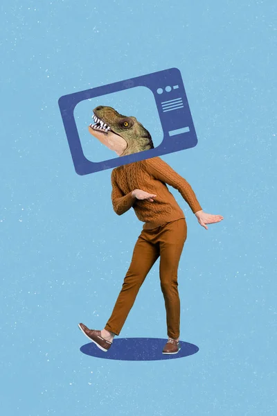 Vertical Collage Picture Dancing Guy Vintage Dinosaur Picture Instead Head — Stock Photo, Image