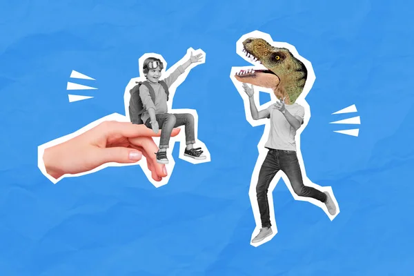 Placard Collage Boy Man Dinosaur Instead Head Black White Isolated —  Fotos de Stock