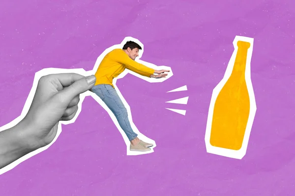 Composite collage image of big arm black white effect hold small guy reach hands alcohol bottle isolated on purple background.