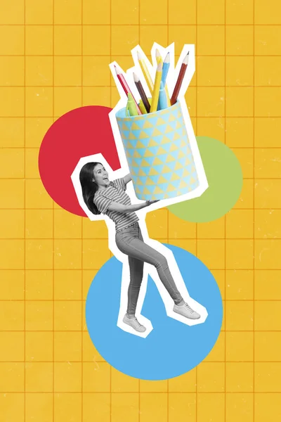 Creative Collage Picture Excited Young Woman Carry Hold Pencil Stand — ストック写真