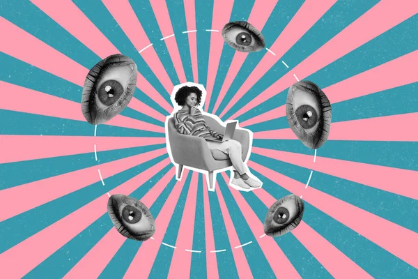 Collage 3d image of pinup pop retro sketch of eye peek happy smiling rising lady typing modern device isolated painting background.