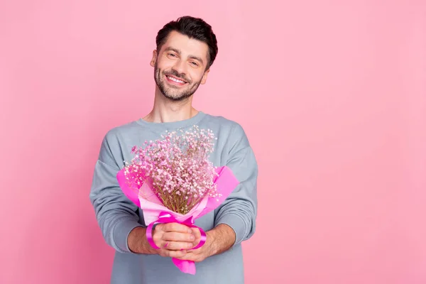 Portrait Positive Person Arms Hold Fresh Flowers Bouquet Isolated Pink — Stockfoto
