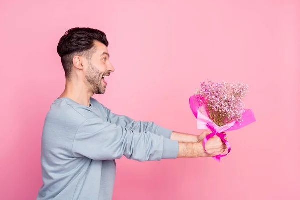 Profile Portrait Excited Positive Person Arms Hold Give Flowers Bouquet — Fotografia de Stock